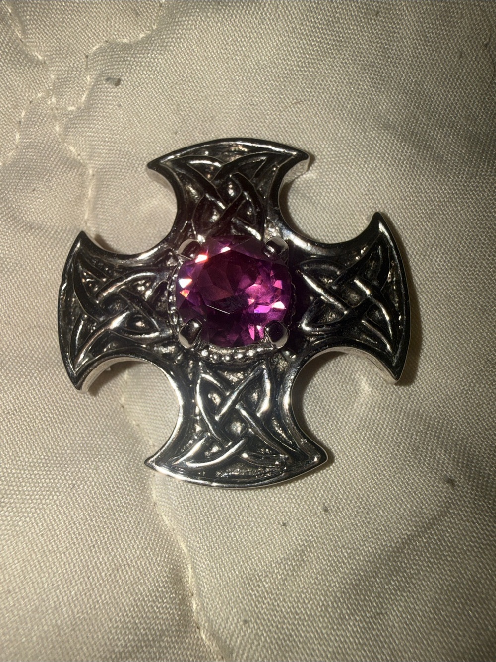 Silver Celtic Cross Brooch with Purple Gem - Women Jewelry